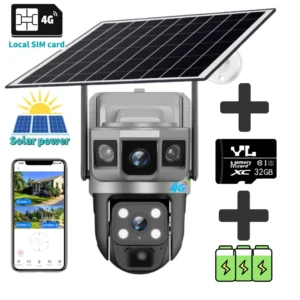 For Outdoor Camera Battery CCTV Monitor 4G SIM Card Wireless Network IP Security Pet Camera Motion Detection 3 Screen PTZ Camera