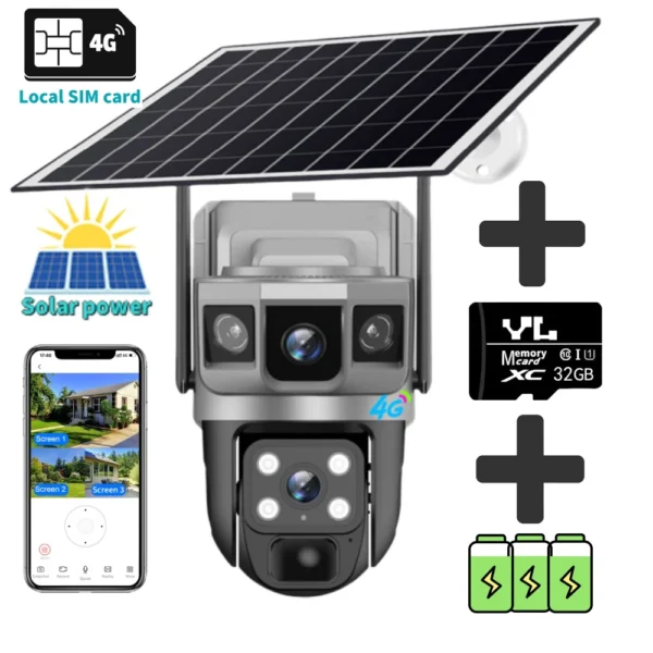 For Outdoor Camera Battery CCTV Monitor 4G SIM Card Wireless Network IP Security Pet Camera Motion Detection 3 Screen PTZ Camera